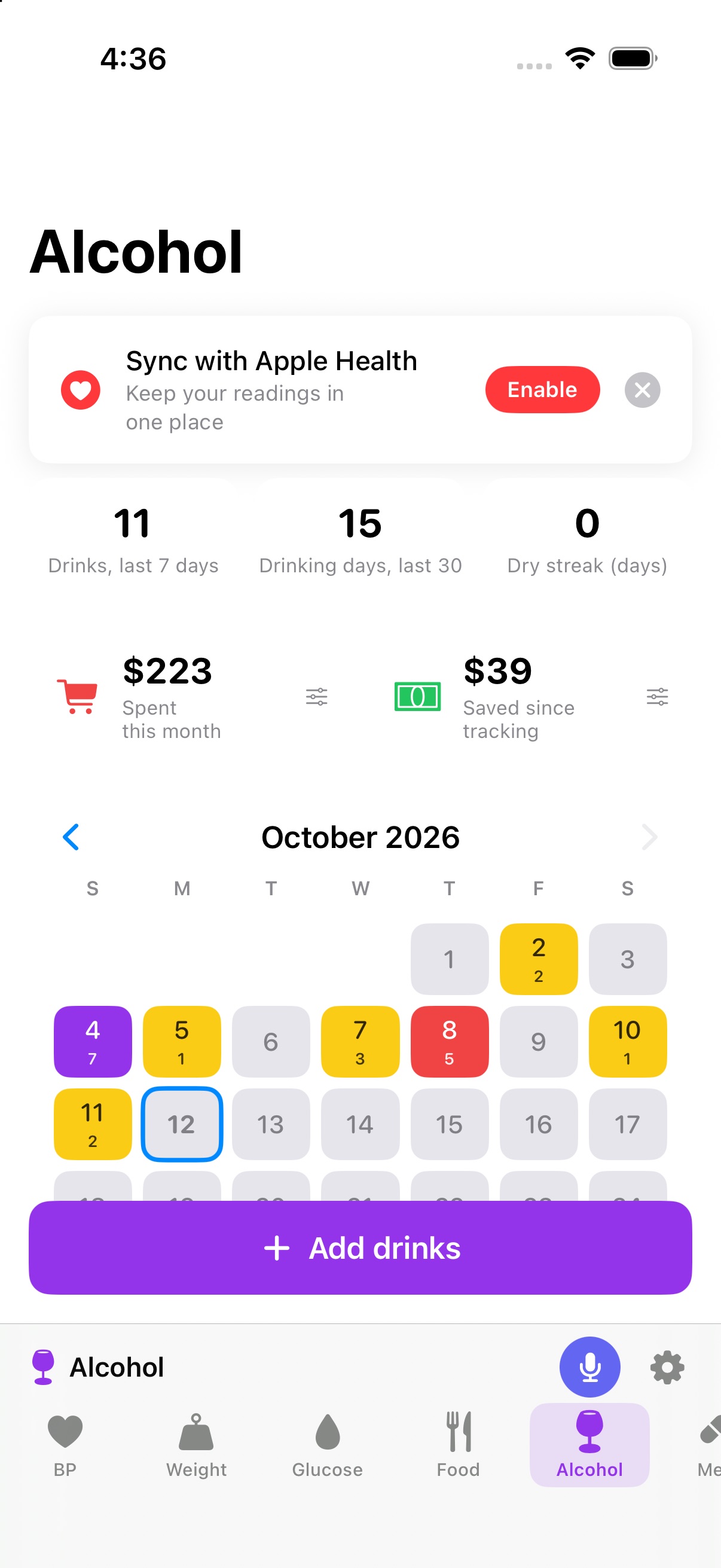 Alcohol tracker calendar colored by drinks per day