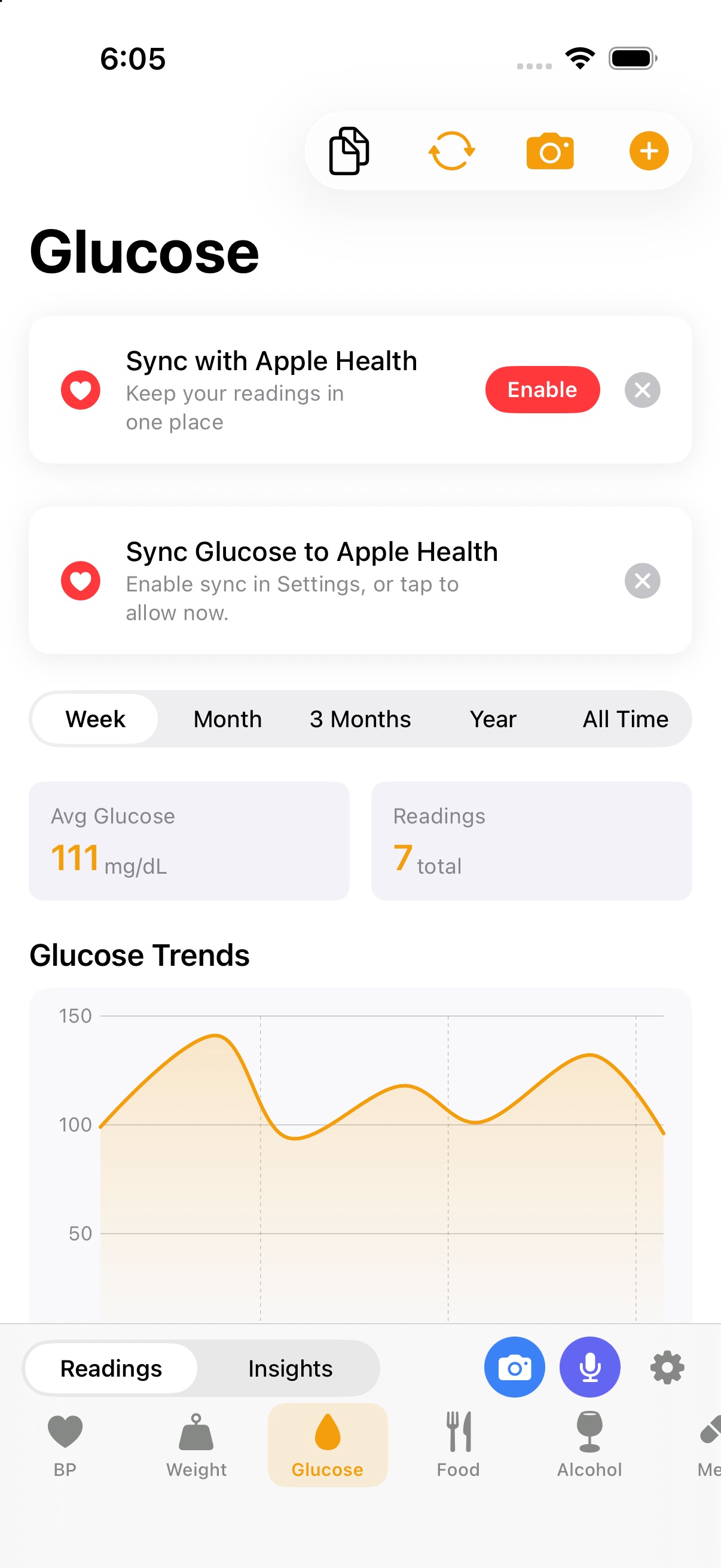 Blood glucose readings in BloodCuff