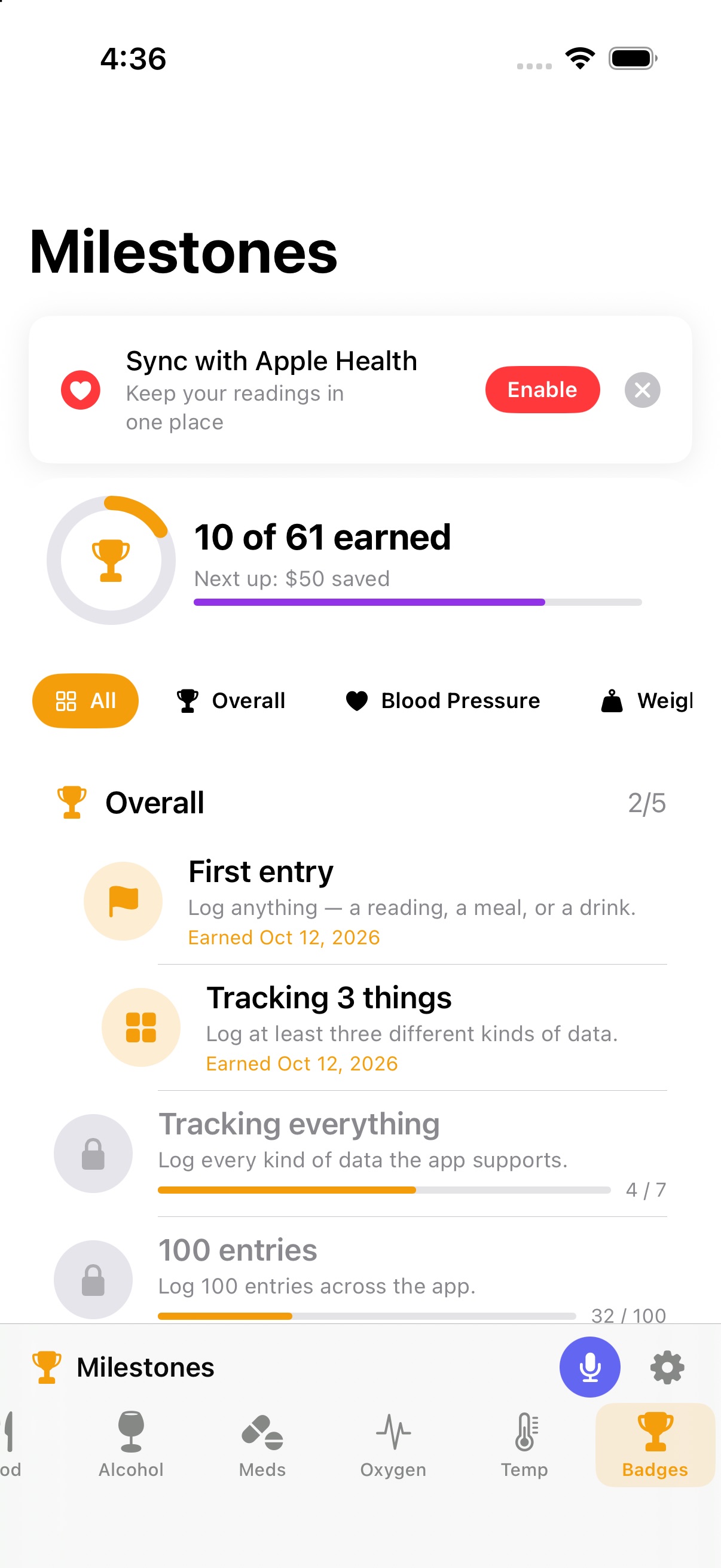 Milestones page with earned badges