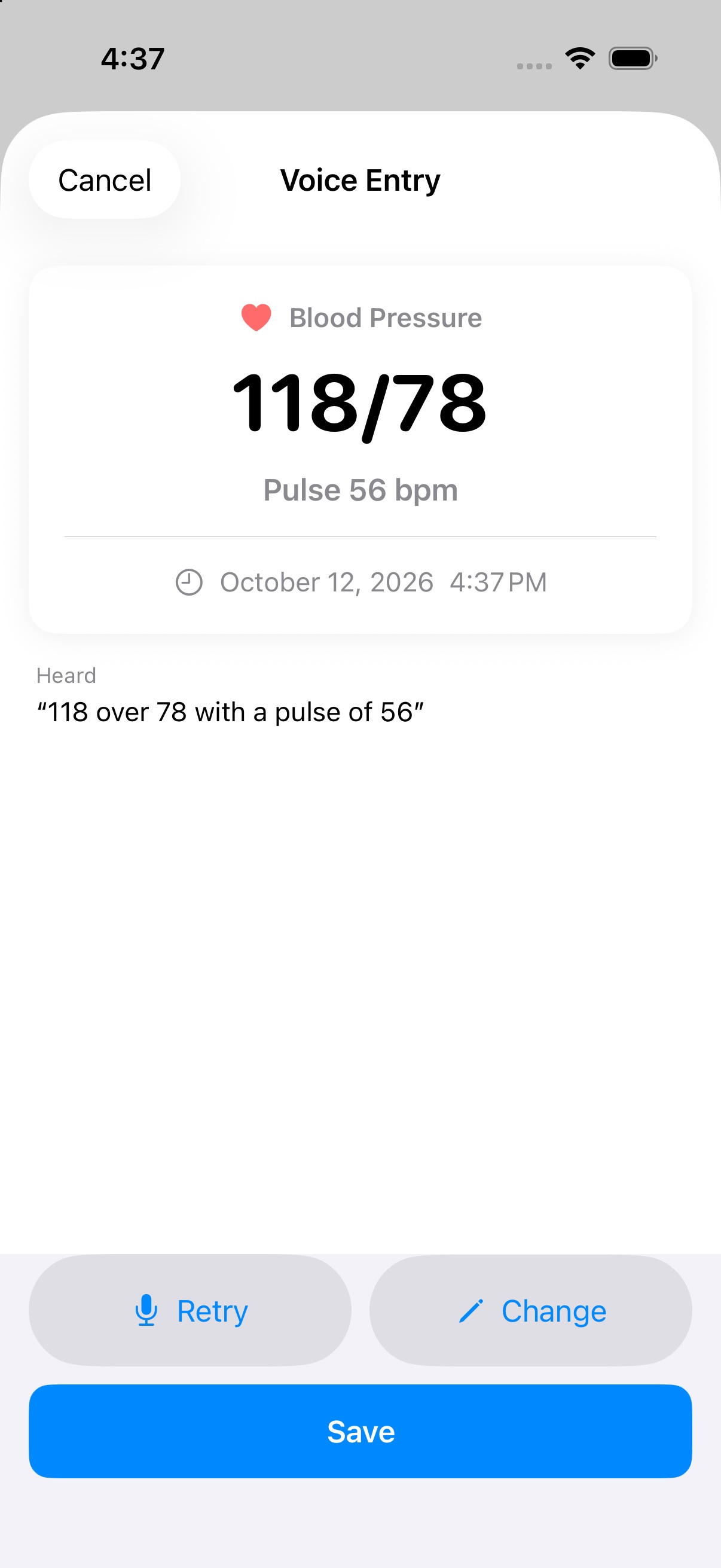 Voice entry confirmation card showing 118/78 with pulse 56 heard from speech