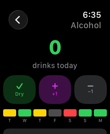 Apple Watch alcohol page with Dry, +1, and -1 buttons and a 7-day color strip